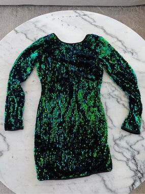 privy Black mini low back Dress with Green Iridescent Sequins